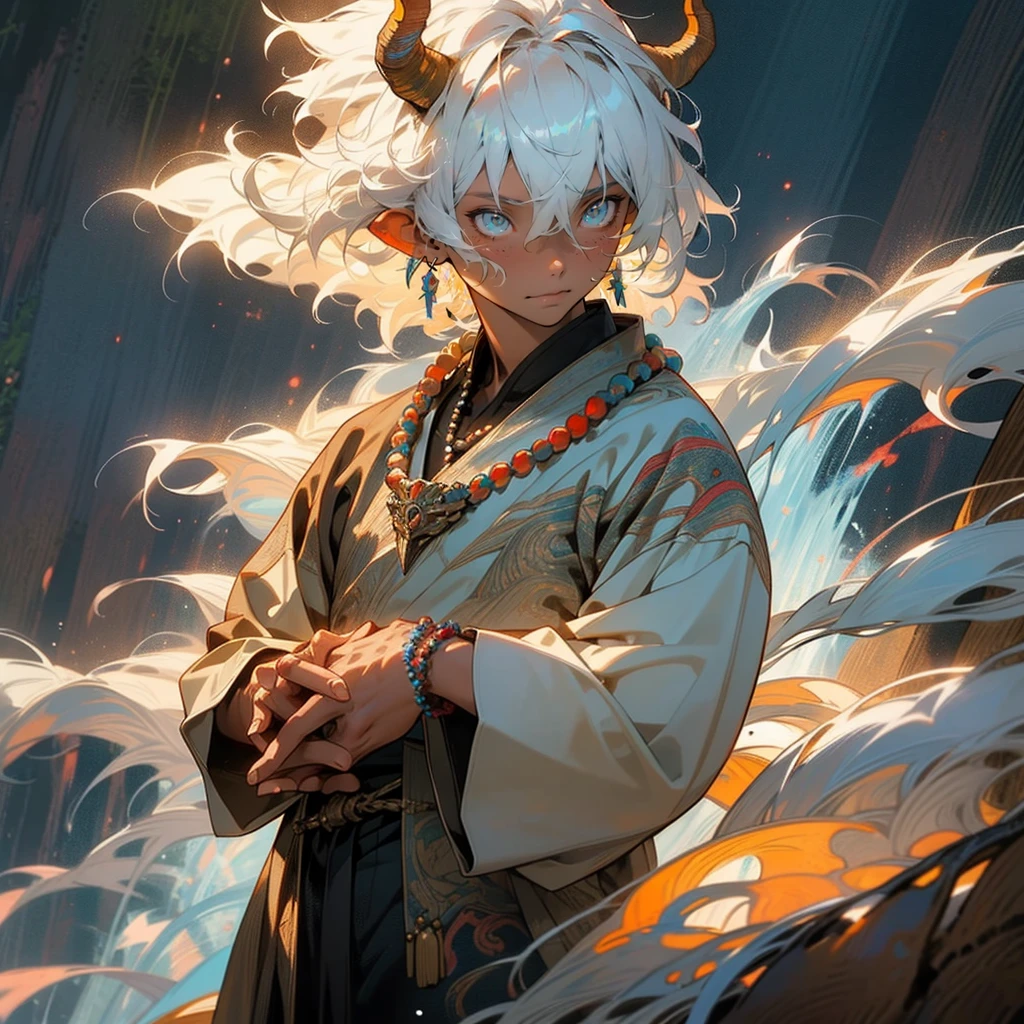 1male, mature, tan skin, finely detailed glowing blue eyes, ((detailed hands)), nice hands, medium messy hair, white hair color, prayer bead necklace, prayer bead bracelet, standing with hands in pocket, standing on mountain trail, waterfall, night, somber expression, ((detailed eyes)), ((horns)), red tattoos on chest