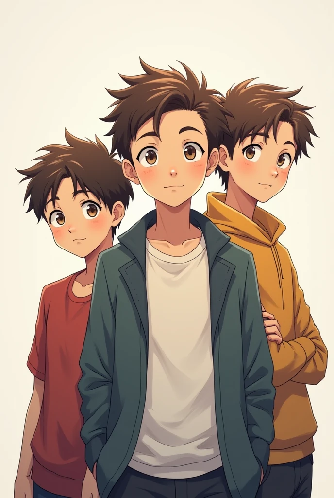 create 3 teenage boys looking forward with brown hair