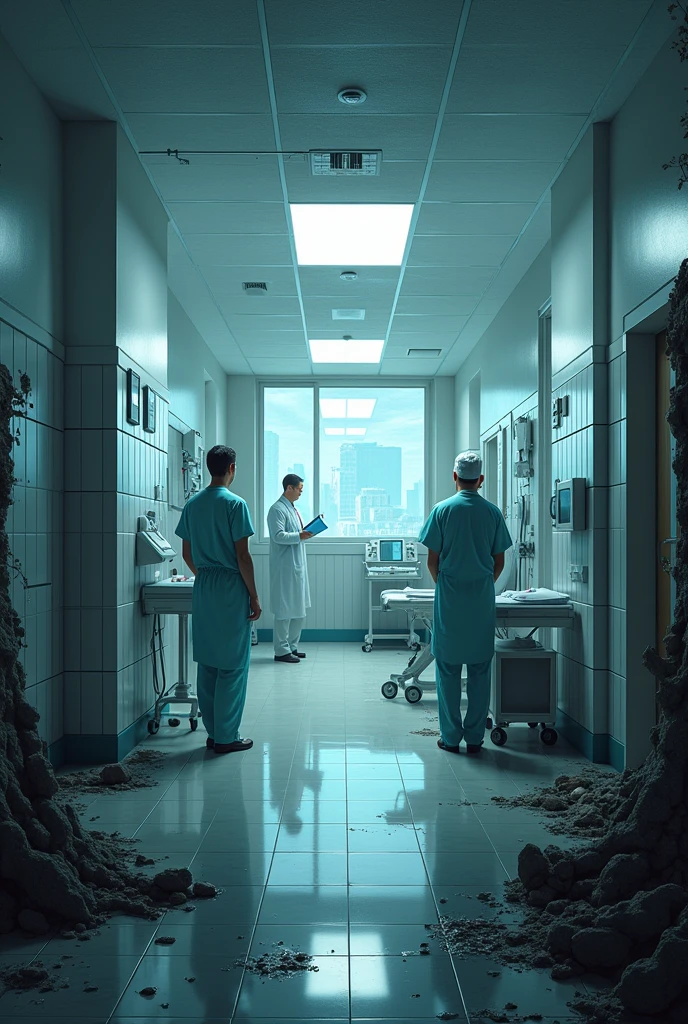 a clean, bright hospital contrasted with a dark, dirty environment filled with sick people