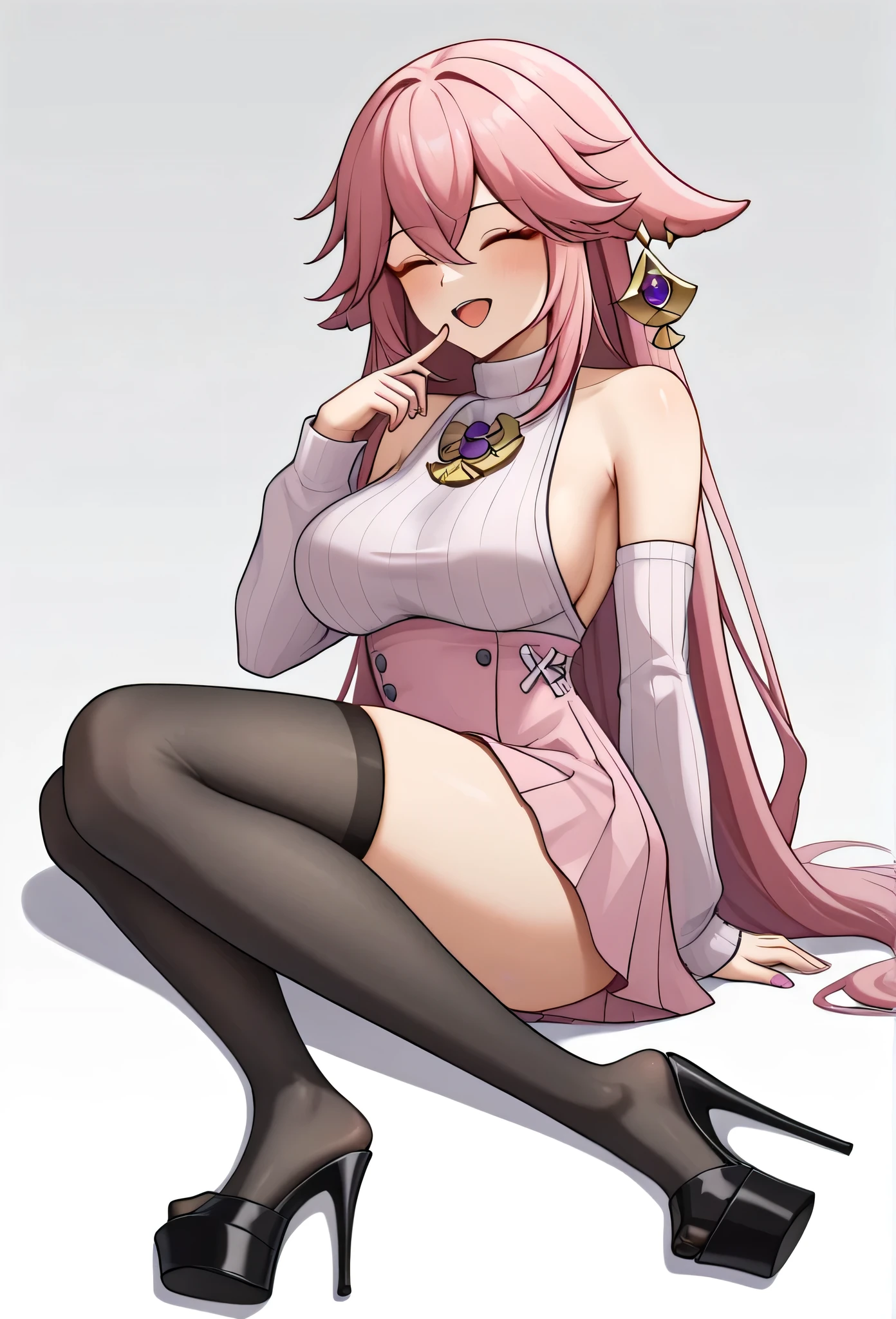 score_9,score_8_most,score_7_most,Bachong, alone, finger_To_Mouth closed, Pink_chemise, Pink_theme, Schmucklos_backdrop, 1 girl, long_sleeve, open_Mouth closed, pleated_rocks, breasts, seek_at_Toschauer, Pink_sweater, White_backdrop, White_chemise, Pink_Ribbon, sleeve_Past_wrists, highres, absurdeste, sleeveless_sweater, hole body, black nylon stockings, platform High heels