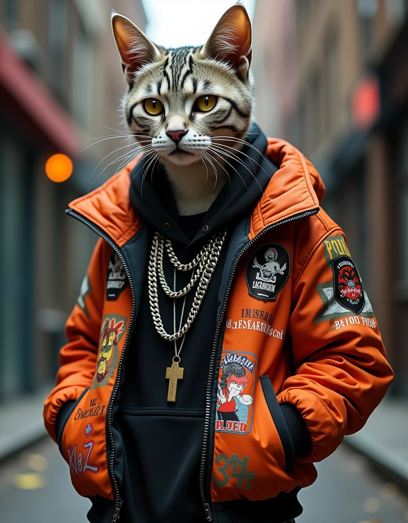 A cat wearing a hip hop jacket, silver chain on neck, hip hop, punk
