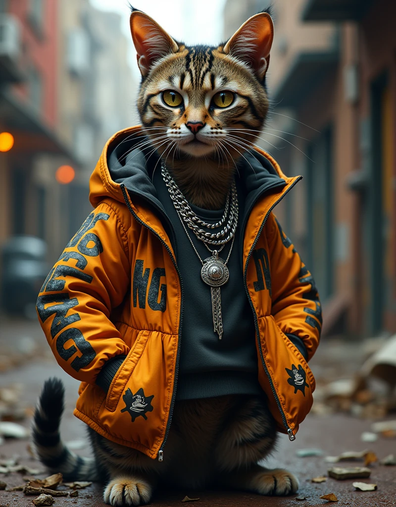 A cat wearing a hip hop jacket, silver chain on neck, hip hop, punk