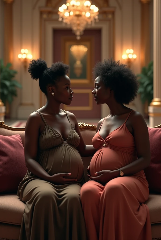 Generate an image With one pregnant black lady and one who is NOT PREGNANT black pregnant sitting in a couch having a conversation in a luxury hall