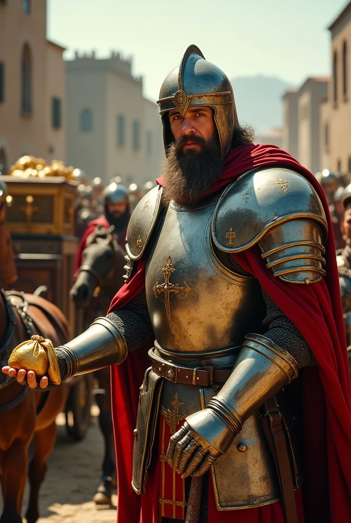 In medieval times, a knight in armor like the Cid from the work El cantar del mio cid, with a helmet handing out small bags of gold to his troops and behind you can clearly see a horse-drawn carriage with a load of chests 


