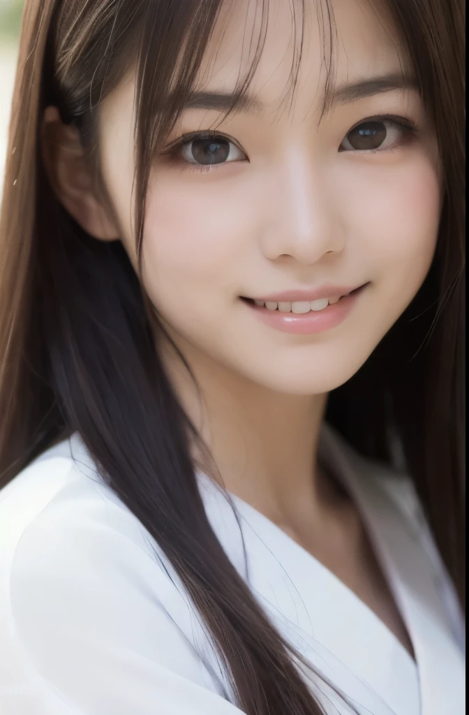 best quality, face focus, soft light, ultra high res, (photorealistic:1.4), RAW photo,(Shinozaki Ai), (fair skin), (kawaii),
1 Japanese girl, solo, cute, smile, (pupil, lights in the eyes),  detailed beautiful face, Medium-sized breasts,(high resolution detail of human skin texture),(long hair),(portrait), upper body, white traditional kimono