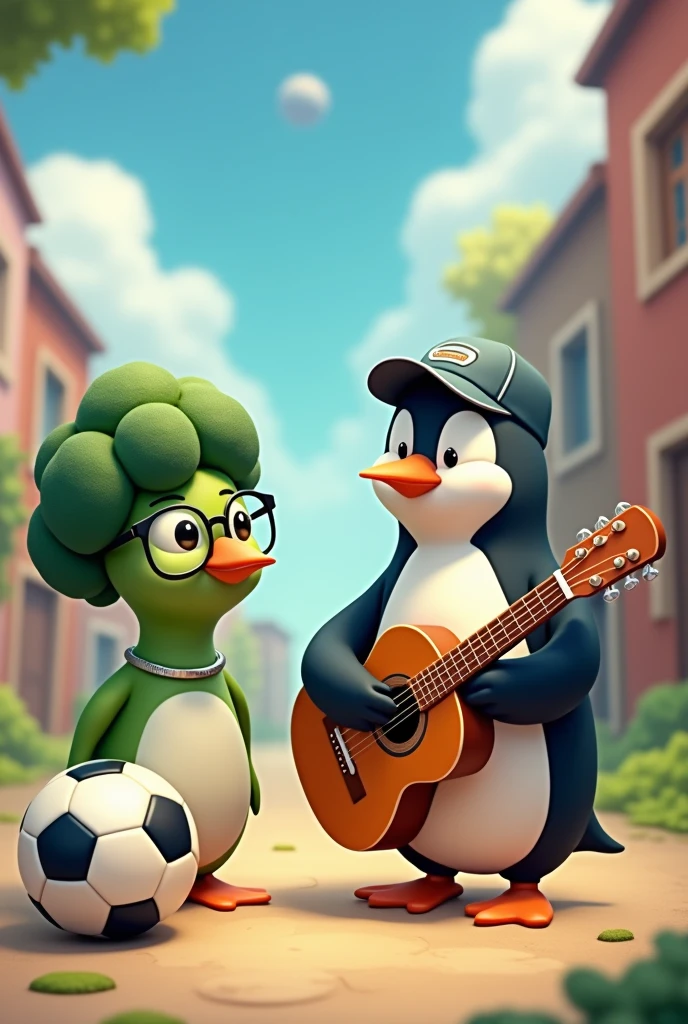 Penguin with a guitar, a soccer ball and her friend Broccoli with glasses and a cap