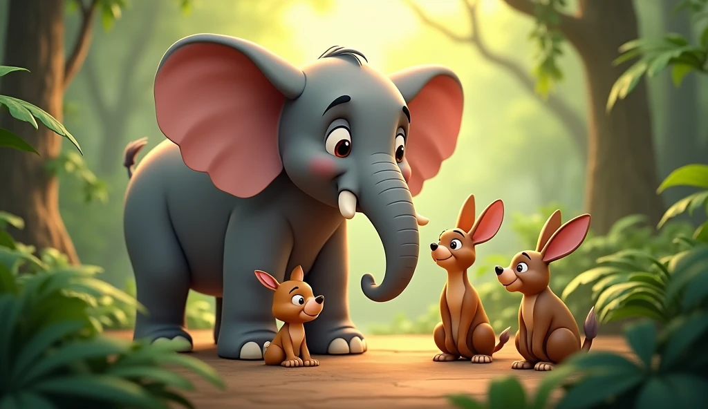 Hathi, now out of the pit, looking remorseful and humble, surrounded by the small animals who are helping him. Khargosh is in the foreground, smiling warmly, as Hathi lowers his head in apology. The atmosphere is one of understanding and newfound friendship, with the jungle returning to its peaceful state. The sunlight is soft, symbolizing the resolution of the conflict.
Final Scene: 3d cartoon