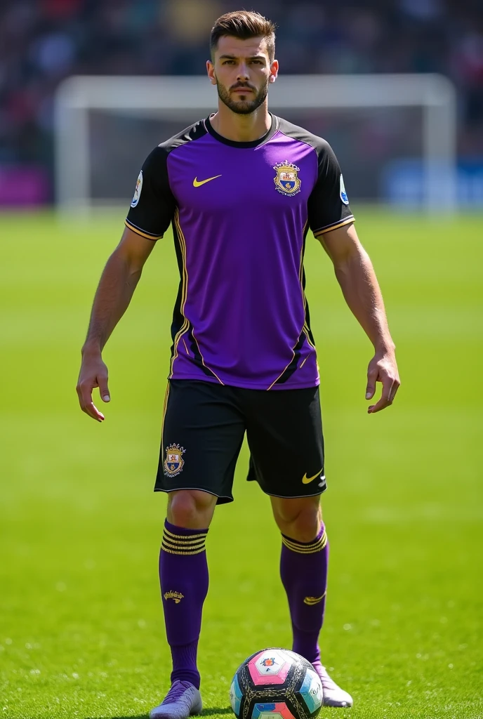 Make me a soccer uniform with purple and black and gold details