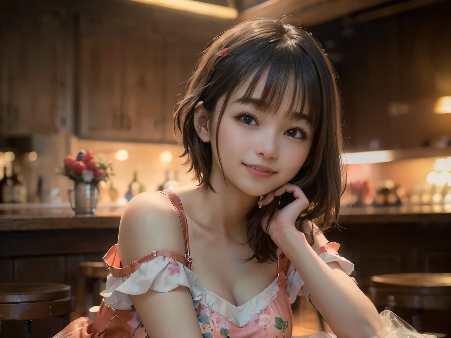 (Highest quality, masterpiece, Ultra-high resolution, 8k, RAW Photos, Realistic, Anatomically correct:1.5), 20-year-old girl:1.2, Embarrassing, avert your eyes, blush:1.0, View Viewer, ((bar)) 、Large windows、Night view、 Light:1.2, Bokeh, Cinema Lighting:1.0, Depth of written boundary, sharp、 Cute Face、Idol、(Black short sleeve lace top)、(Black tulle skirt)、(Red clothing)、(Floral clothes)、”dwarf”、(Full Body Shot)、(Side angle)、Cowboy Shot、( smile)、((Ultra short hair、Berry Short))、(Straight bangs)、((See-through))、(( One woman))、look back、I can see your belly button、