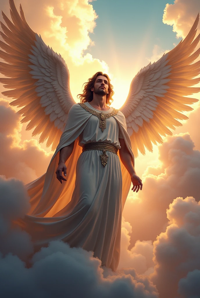 Archangel Michael round 3D well detailed with colorful cloud backgrounds with 3D illusion with detailed face and all without frames