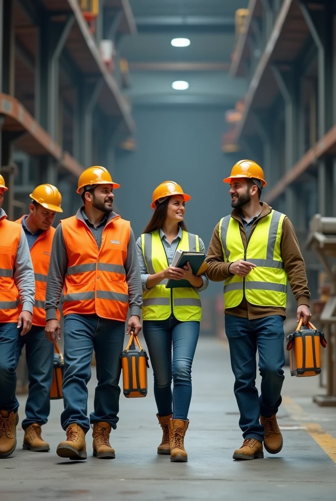 A group of three men wearing reflective vests and safety boots carrying mechanic tool bags with a woman wearing reflective vests and safety boot holding a folder while following a man wearing a safety vest and safety boot holding a folder under one arm and pointing towards a workshop