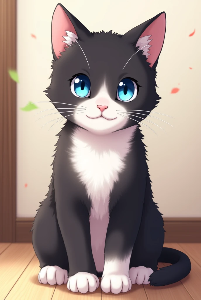 (anime:1.2), a tuxedo jack, white and black cat, blue eyes, the kitten's sitting on the floor