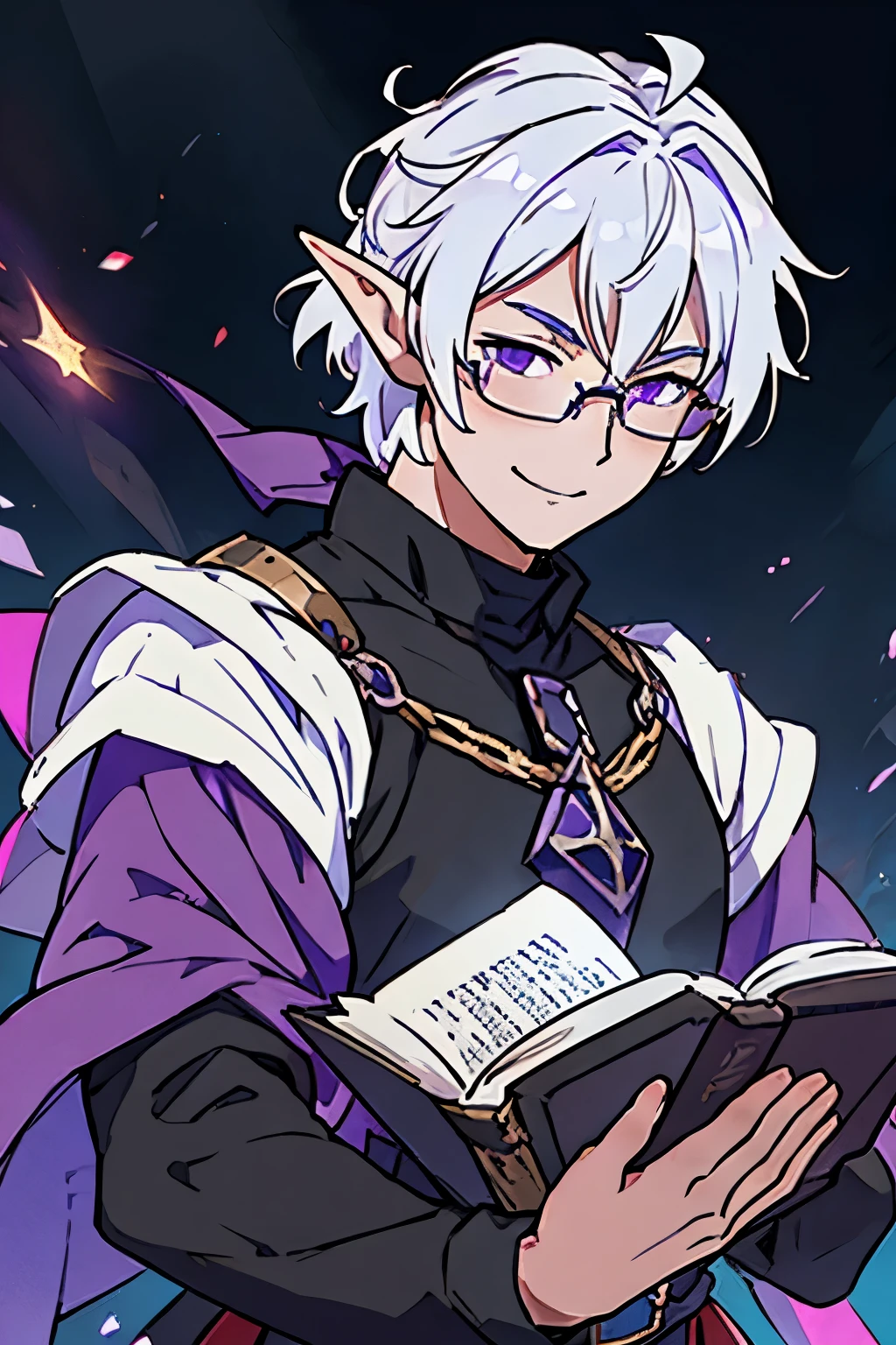 effeminate man design, anime 4k, cute, white hair, purple eyes, noble, medieval era, wizard, no armor, round glasses, smiling face, effeminate, elf, seductive, book, feminine traits, Fate/Stay Night dash