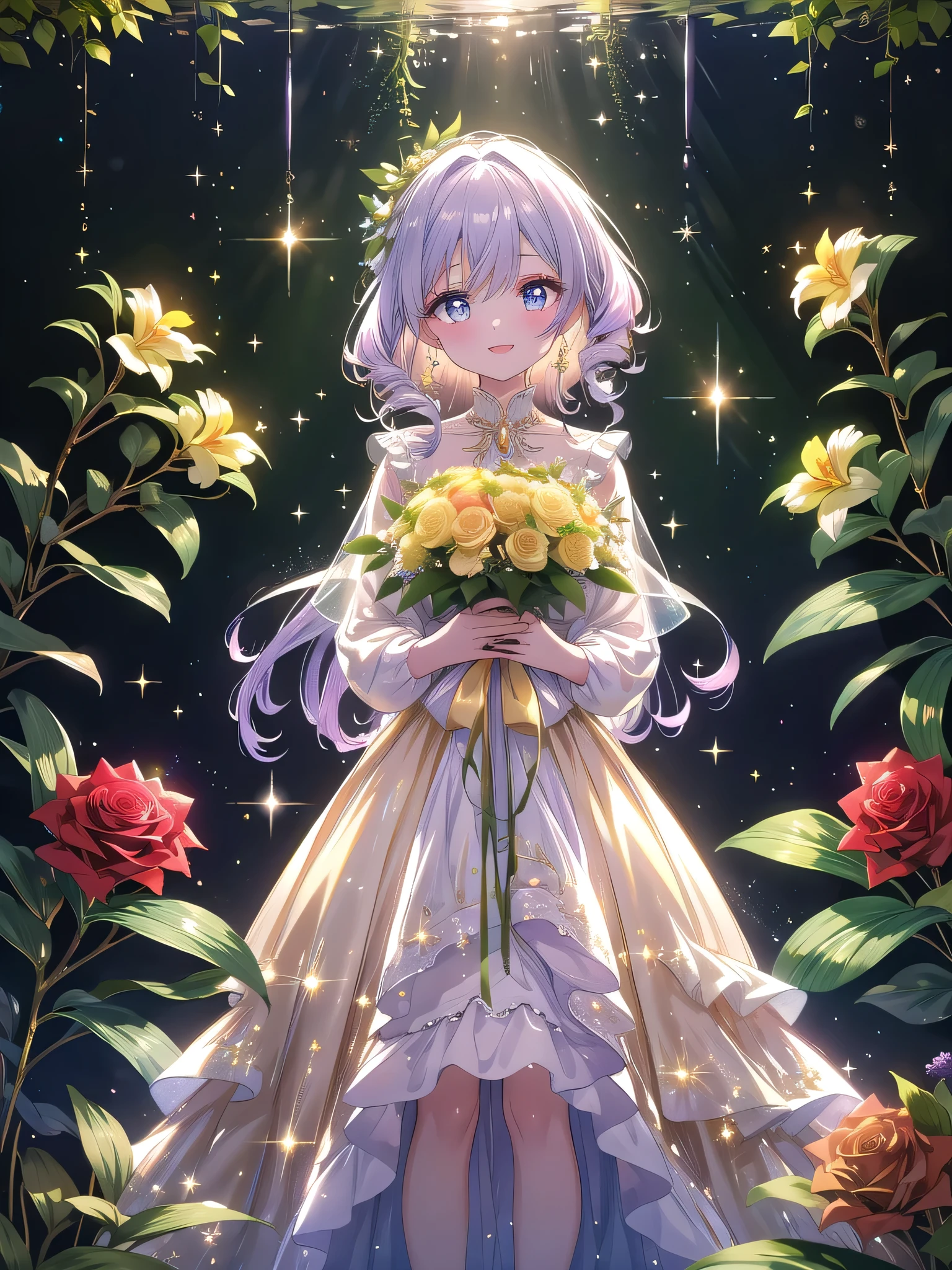 ((8k, Highest quality, masterpiece: 1.3)),Ultra-high resolution,(1 girl, alone), (Color changing eyes, Ultra-detailed, Expressive brilliance, Glitter, Glowing Eyes), Highly detailed eyes, Highly detailed face, Random Hair, ((pastel colour))Visualize a woman in an elegant indoor garden venue, with tall windows letting in warm, golden light and lush plants adorning the surroundings. She’s holding a grand bouquet of mixed orchids, roses, and trailing ivy, wrapped in an elegant sheer fabric with a gold ribbon. The bouquet is large and luxurious, cascading gracefully and highlighting the sophistication of the setting. She’s dressed in a simple yet elegant lavender blouse with a soft, flowing knee-length skirt, her hair styled in loose curls. She’s standing facing the camera, her smile wide and genuine, her eyes sparkling with delight. She holds the bouquet forward confidently, her posture straight and open, with a joyful expression that radiates warmth and celebration. The background includes lush green plants, elegant white pillars, and a hint of a water fountain, with gentle sparkles adding a touch of whimsy and festivity to the serene and elegant scene.