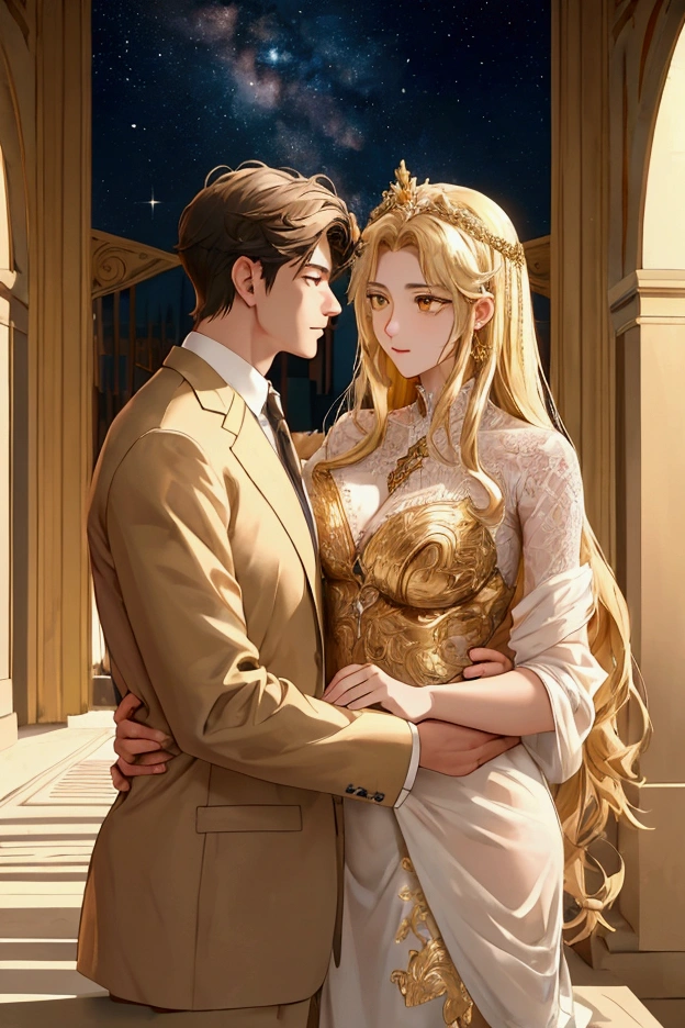 ((highest quality)), ((masterpiece)), (detailed), Perfect Face、(Yuuki Asuna)、(The woman has bright blonde hair)、((The woman and the man are walking down the street, their bodies pressed together. The man is holding the woman close. The woman is completely his, body and soul. The woman is pregnant.))、((The woman is wearing a long slit see-through dress with gorgeous gold embroidery, shiny gold boots, and gorgeous jewelry accessories such as jeweled earrings, necklaces, bracelets, and waist chains. She is also wearing a gold see-through skirt with an open front.、Beautiful golden see-through cape))、、Men and women with gorgeous engagement rings、((The woman is wearing heavy makeup, including bright red lipstick and dark eyeshadow.))、The man gently strokes the woman's head with one hand.、The man is dressed luxuriously、((The man has a strong body and a big dick and balls))、(Woman looks happy)、(((The man is not wearing lipstick or makeup.)))、The man looks satisfied、