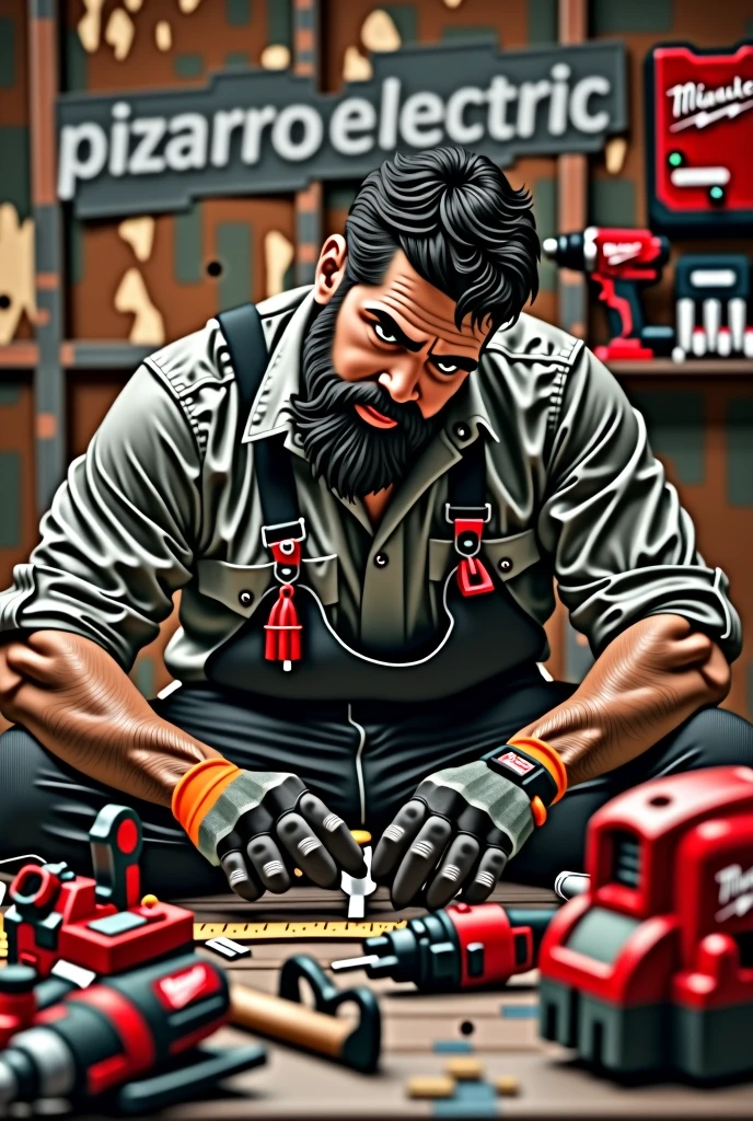 Imagine An electrician man working ,Dark brown with medium black beard, and black hair, A little chubby with Milwaukee tools around and the word PizarroElectric in the background
