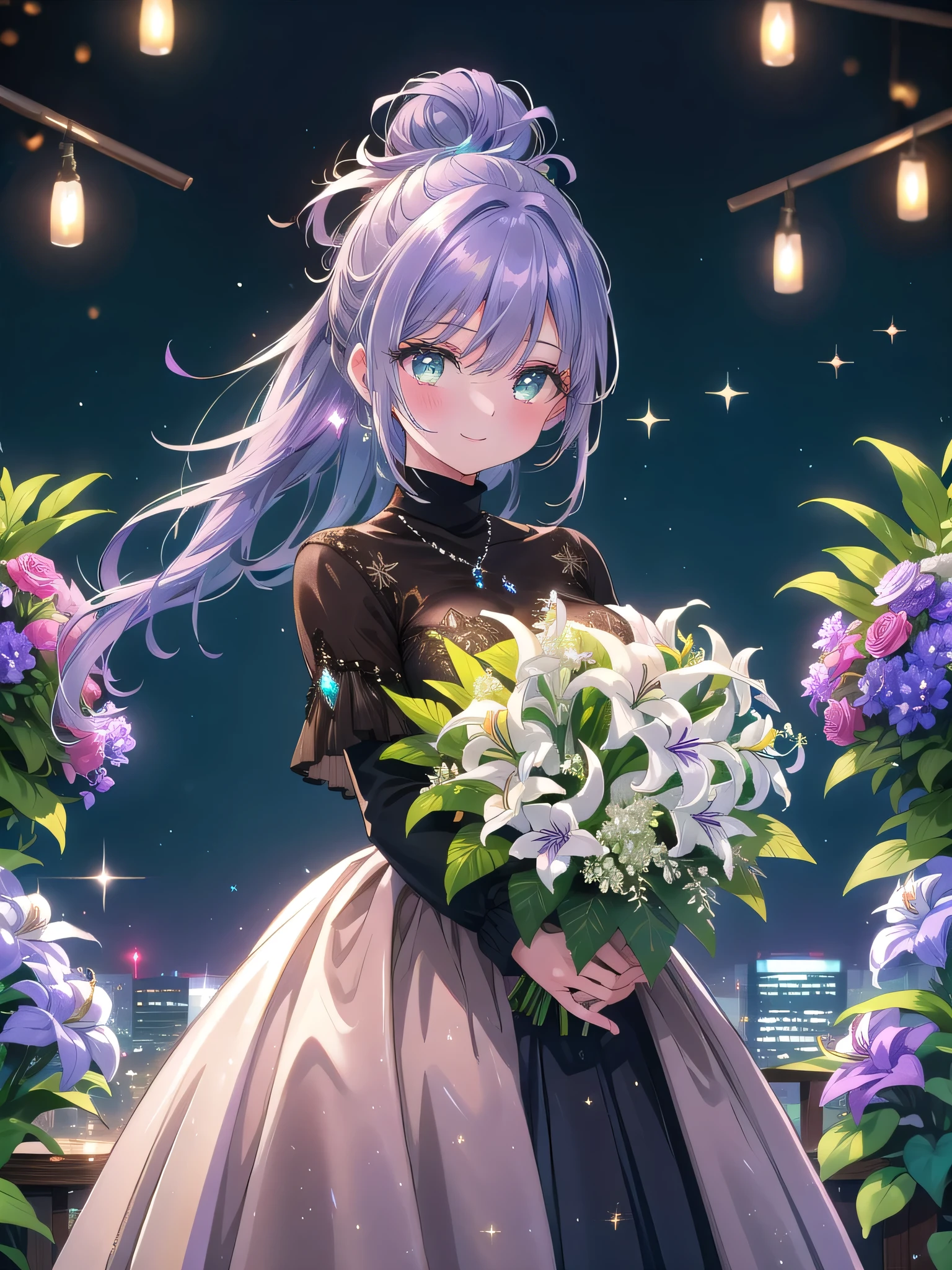 ((8k, Highest quality, masterpiece: 1.3)),Ultra-high resolution,(1 girl, alone), (Color changing eyes, Ultra-detailed, Expressive brilliance, Glitter, Glowing Eyes), Highly detailed eyes, Highly detailed face, Random Hair, ((pastel colour))Visualize a woman in a chic, urban rooftop garden setting, with the city skyline visible in the background. She’s holding a bouquet of vivid purple irises, delicate white lilies of the valley, and ferns, wrapped in a rustic brown kraft paper tied with twine, adding a natural yet vibrant touch. The bouquet is voluminous and fresh, with long, elegant stems that add height and grace. She’s dressed in a sleek black turtleneck paired with a vibrant teal pleated skirt, giving her a stylish and contemporary look. Her hair is styled in a neat low bun, with a few loose strands framing her face. She faces the camera with a broad, joyful smile, her eyes reflecting the joy of the moment. She offers the bouquet forward with one hand, her other hand gently placed on her hip, her posture relaxed yet full of anticipation. The background features urban greenery, a few lounge chairs, and fairy lights, with gentle sparkles enhancing the celebratory and urban-chic atmosphere.