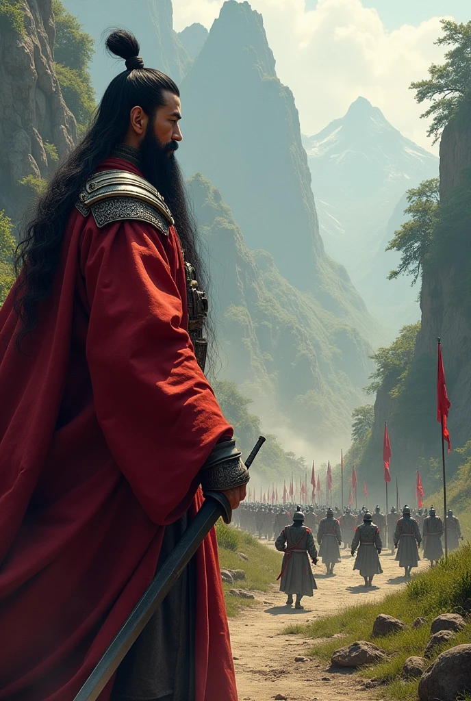 Guan Yu with a beard saw Cao Cao's soldiers walking out.