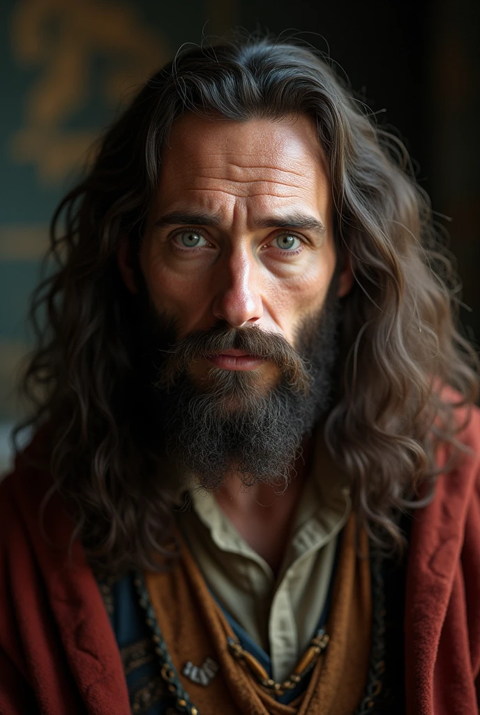 Leonardo Da Vinci looking straight ahead, true-to-life portrayal, movie scene