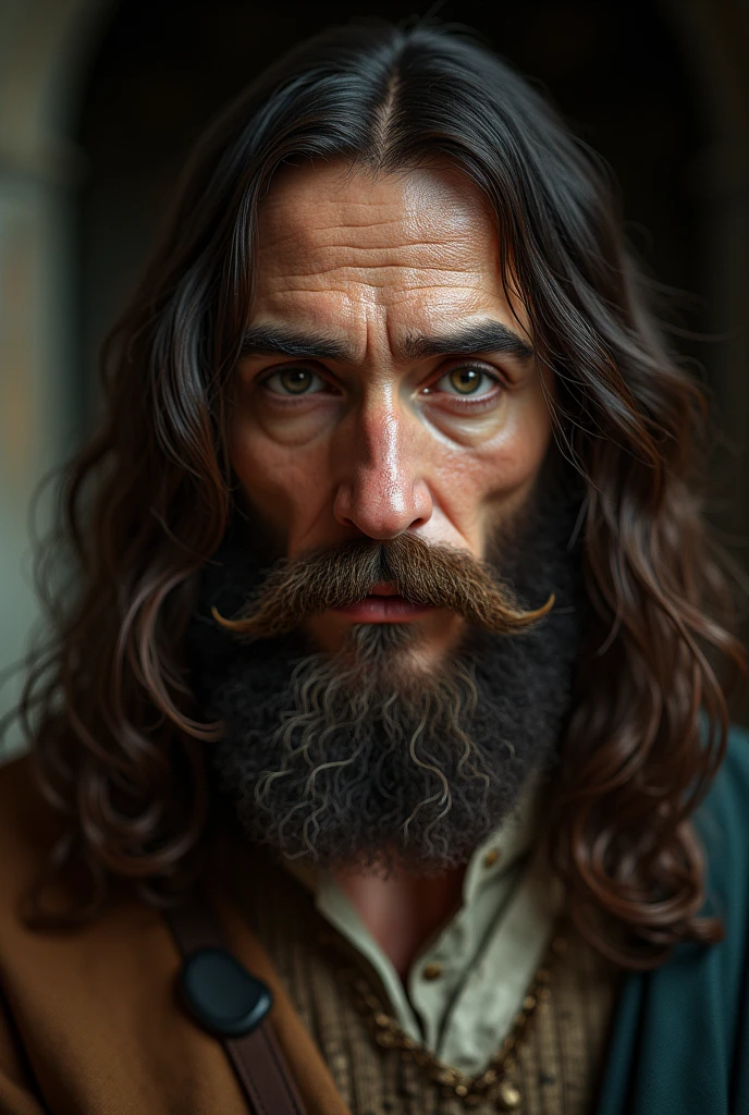 Leonardo Da Vinci looking straight ahead, true-to-life portrayal, movie scene