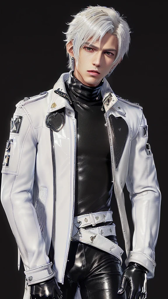 ((Final fantasy taste and reality graphics)), ((Japanese young cute and cool ikemen boy)), his age is early 20s, thin eyebrows and beady eyes, ((((he wearing white color leather very thick single-brest jacket)))),((((leather jacket is smooth luster and shiny)))), ((jacket with epaulet)), ((leather jacket close all zippers)),, ,(( jacket collar is very high length stand-up collar with belts)), , (((also wearing black color turtleneck polyester shirts))), (((tight black and leather pants))), ((((black leather tight and thin glove)))), ((black color leather knee-high raceup boots)),((show the boy whole body)), boy looks like fashion model,Do not show skin from the neck down,(((all his clothes are smooth design and very shining))),(((Avoid adding unnecessary decorations to your clothes))),(((all clothes is simple design and appearance))),(((don't wear jewelry on all clothes)))