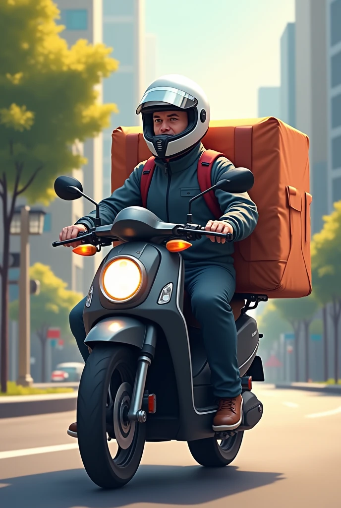 A delivery man on a motorcycle, with a white helmet, black motorcycle and a large delivery backpack and the image is in a cartoon style 