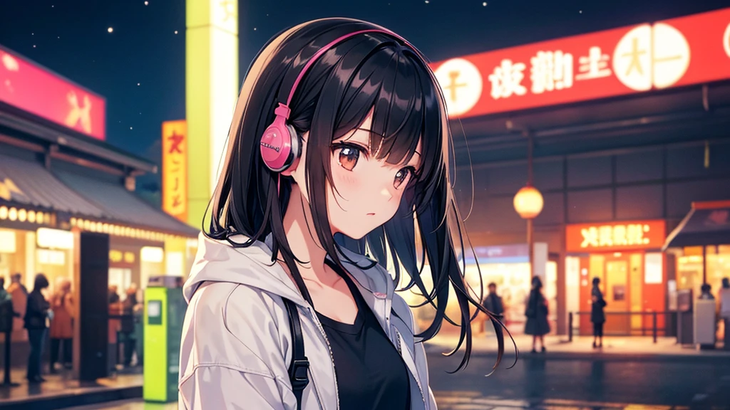 Watching the autumn sunset。A young girl with black hair wearing stylish clothes and headphones labeled "lo-fi" The girl is shown in profile, gazing into the distance with a calm, relaxed expression Background depicts the iconic scenery of Namba, Osaka at night, without any text on signs A starry night sky adding to the peaceful atmosphere Overall mood is quiet and serene, perfect for lo-fi music Detailed hair rendering and careful attention to the girl's fashionable outfit The entire scene should evoke a relaxing, introspective feeling associated with lo-fi music