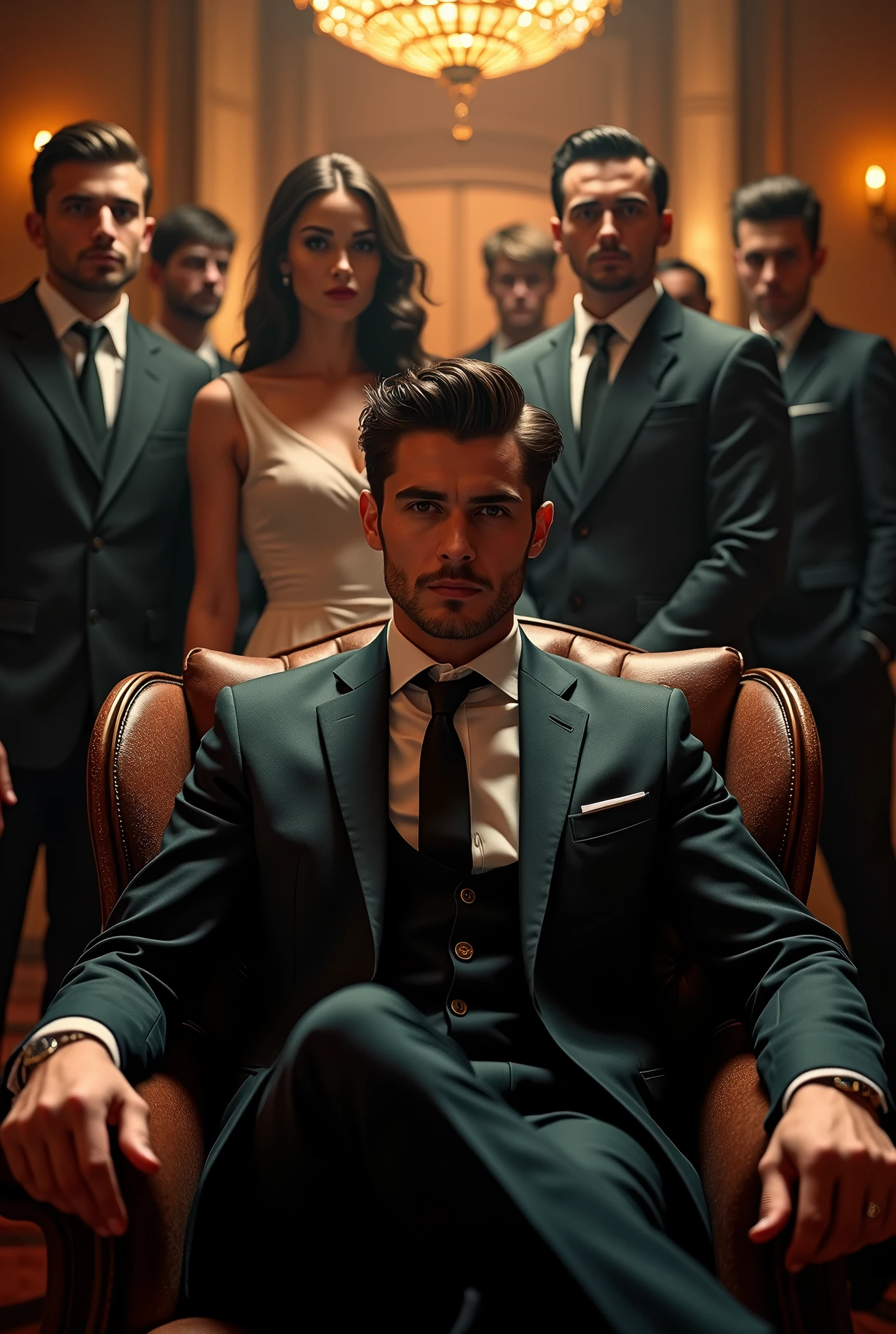 A striking and powerful movie poster featuring a young, handsome Mafia Boss exuding confidence as he sits in a luxurious boss chair. He is impeccably dressed in a stylish, tailored suit. Behind him stands a beautiful woman, elegantly dressed, embodying grace and poise. Next to her, there is a second version of the Mafia Boss dressed in simple, unassuming clothes, adding an intriguing contrast.

The background is a lavish bungalow with an opulent design, hinting at the Mafia Boss's hidden empire. Surrounding the bungalow are several men, all dressed in black suits, holding guns firmly in their hands, creating a sense of dominance and authority. The overall atmosphere is intense and dramatic, with a mix of luxury and power, setting the tone for a thrilling narrative.