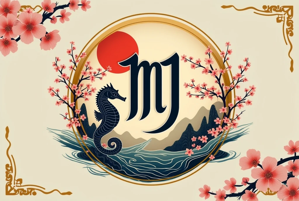 A logo design was created with the letters MJ in the center.。Japanese Ukiyo-e Style、Seahorse Design. Japanese style、Cherry blossoms bloom a lot、high quality, A luxurious image. In the center is a map of Japan、Malaysia map hidden..
All designs are framed in a luxurious gold frame