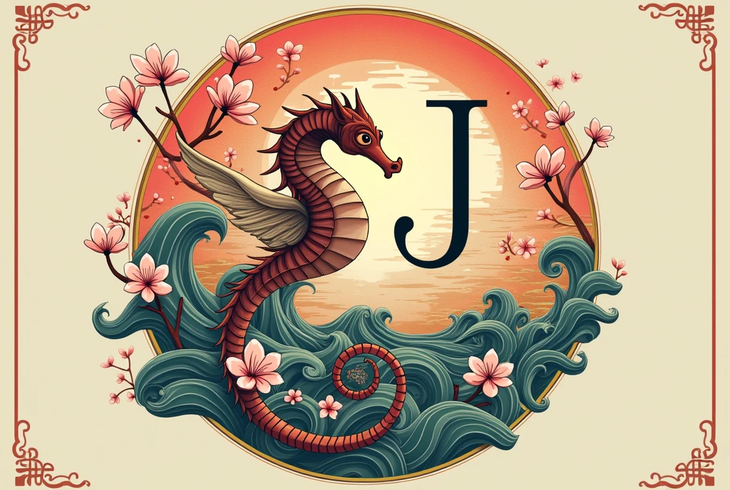 A logo design was created with the letters MJ in the center.。Japanese Ukiyo-e Style、Seahorse Design. Japanese style、Cherry blossoms bloom a lot、high quality, A luxurious image. In the center is a map of Japan、Malaysia map hidden..
All designs are framed in a luxurious gold frame