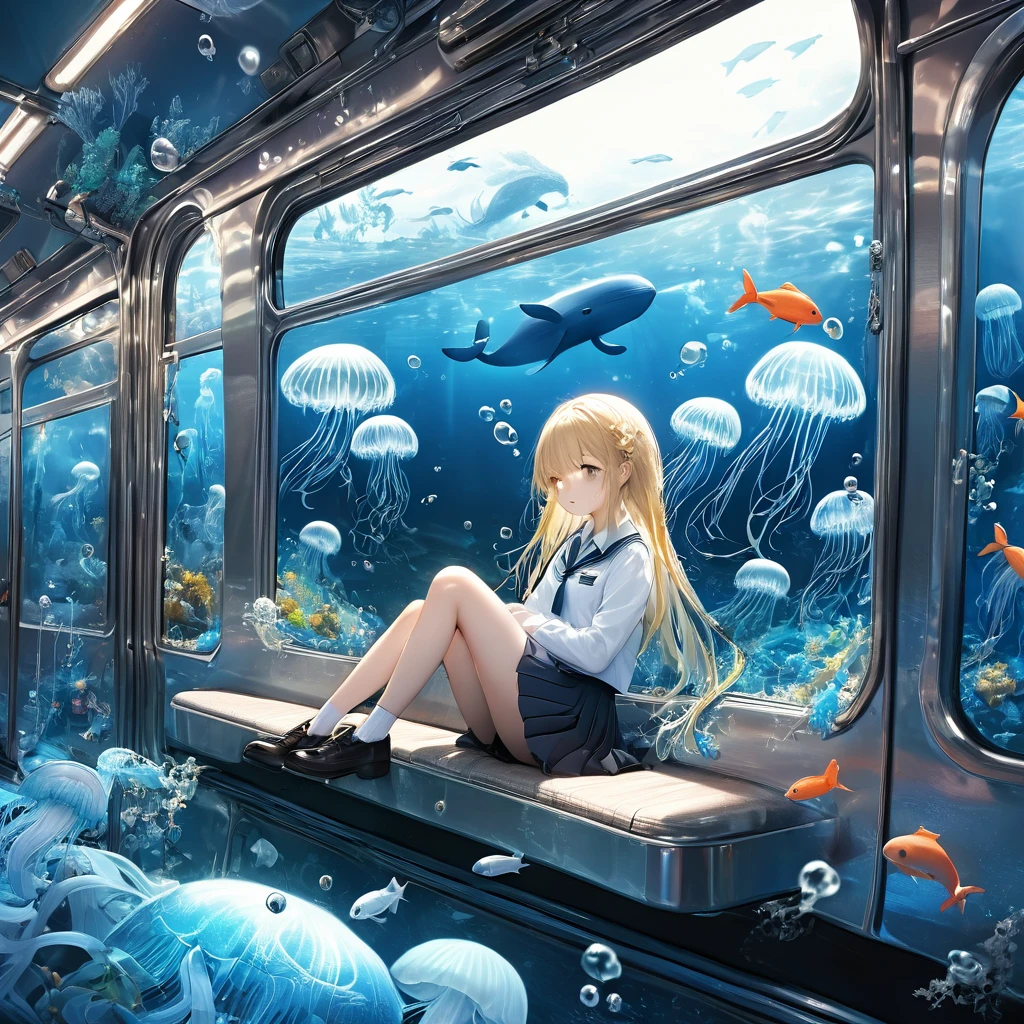 (masterpiece:1.3),(Highest quality:1.2),8k,Confused,unity 8k wallpaper,(Very detailed:1.3),the best,High resolution,wonderful,shape,Beautiful studio soft light,Amazingly beautiful,incredibly Confused,Sharp details,Cinema Lighting,Moody lighting,Pixiv,Award-winning, Professional, Very detailed,Face with perfect detail,、
transportation facilities_Against_window, 1 person, alone, Colorful long blonde hair, skirt, Long sleeve, Sitting, school uniform, Gray Hair, pleated skirt, shoes, Seraphim, fish, bubble, Blue Theme, (In the water:1.2), (air bubble:1.3), Inside the train, (Surreal:1.2), (jellyfish:1.2), (whale:1.1),(fish:1.2),Blurred foreground,