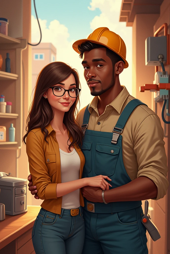 Couple in pixar mode, woman by profession auditor, with glasses, straight brown hair and electrician technician man , brown skin, hull