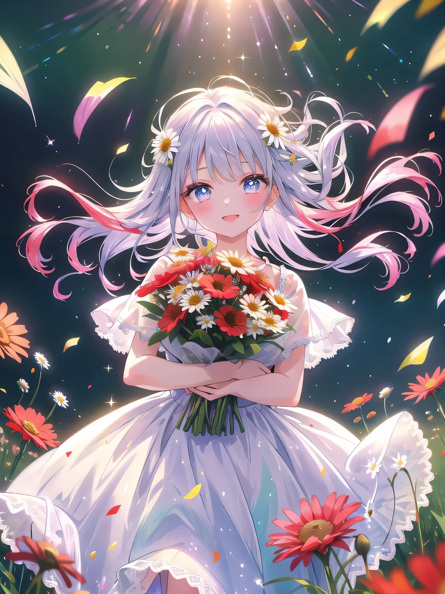 ((8k, Highest quality, masterpiece: 1.3)),Ultra-high resolution,(1 girl, alone), (Color changing eyes, Ultra-detailed, Expressive brilliance, Glitter, Glowing Eyes), Highly detailed eyes, Highly detailed face, Random Hair, ((pastel colour))Imagine a woman in a beautiful, sunlit field, surrounded by blooming wildflowers. She’s holding a bouquet of bright red poppies, soft white daisies, and sprigs of lavender, wrapped in clear cellophane with a vibrant red ribbon, creating a lively and natural appearance. The bouquet is abundant and colorful, capturing the essence of a joyful celebration in nature. She’s dressed in a light, breezy white sundress with delicate lace details, perfect for a summer day. Her long hair is flowing freely in the gentle breeze, adding to her carefree and joyful demeanor. She stands with her body angled slightly to the left, but her face is turned towards the camera, her smile wide and infectious, her eyes filled with warmth and excitement. She holds the bouquet forward with both hands, leaning in slightly, as if sharing her joy directly with the viewer. The background is a vibrant field with wildflowers and tall grass swaying gently, with soft sparkles enhancing the dreamlike, festive atmosphere of the scene.