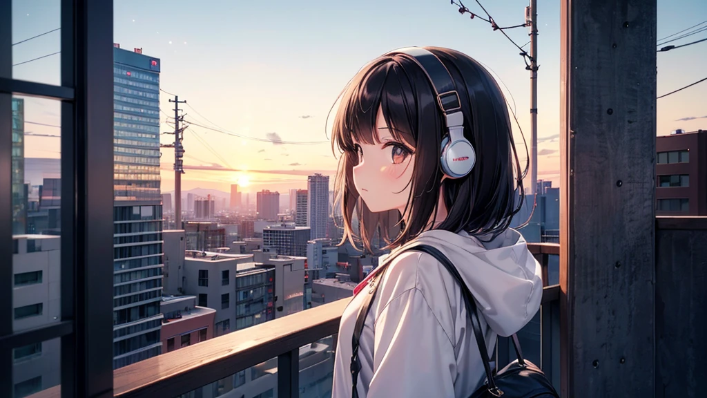Watching the autumn sunset。A young girl with black hair wearing stylish clothes and headphones labeled "lo-fi" The girl is shown in profile, gazing into the distance with a calm, relaxed expression Background depicts the iconic scenery of Namba, Osaka at night, without any text on signs A starry night sky adding to the peaceful atmosphere Overall mood is quiet and serene, perfect for lo-fi music Detailed hair rendering and careful attention to the girl's fashionable outfit The entire scene should evoke a relaxing, introspective feeling associated with lo-fi music