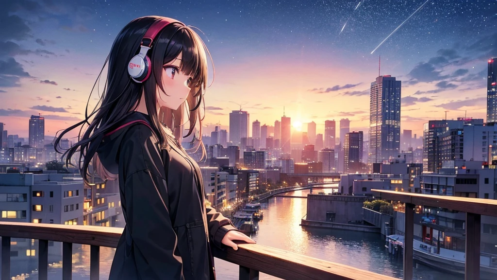 Watching the autumn sunset。A young girl with black hair wearing stylish clothes and headphones labeled "lo-fi" The girl is shown in profile, gazing into the distance with a calm, relaxed expression Background depicts the iconic scenery of Namba, Osaka at night, without any text on signs A starry night sky adding to the peaceful atmosphere Overall mood is quiet and serene, perfect for lo-fi music Detailed hair rendering and careful attention to the girl's fashionable outfit The entire scene should evoke a relaxing, introspective feeling associated with lo-fi music