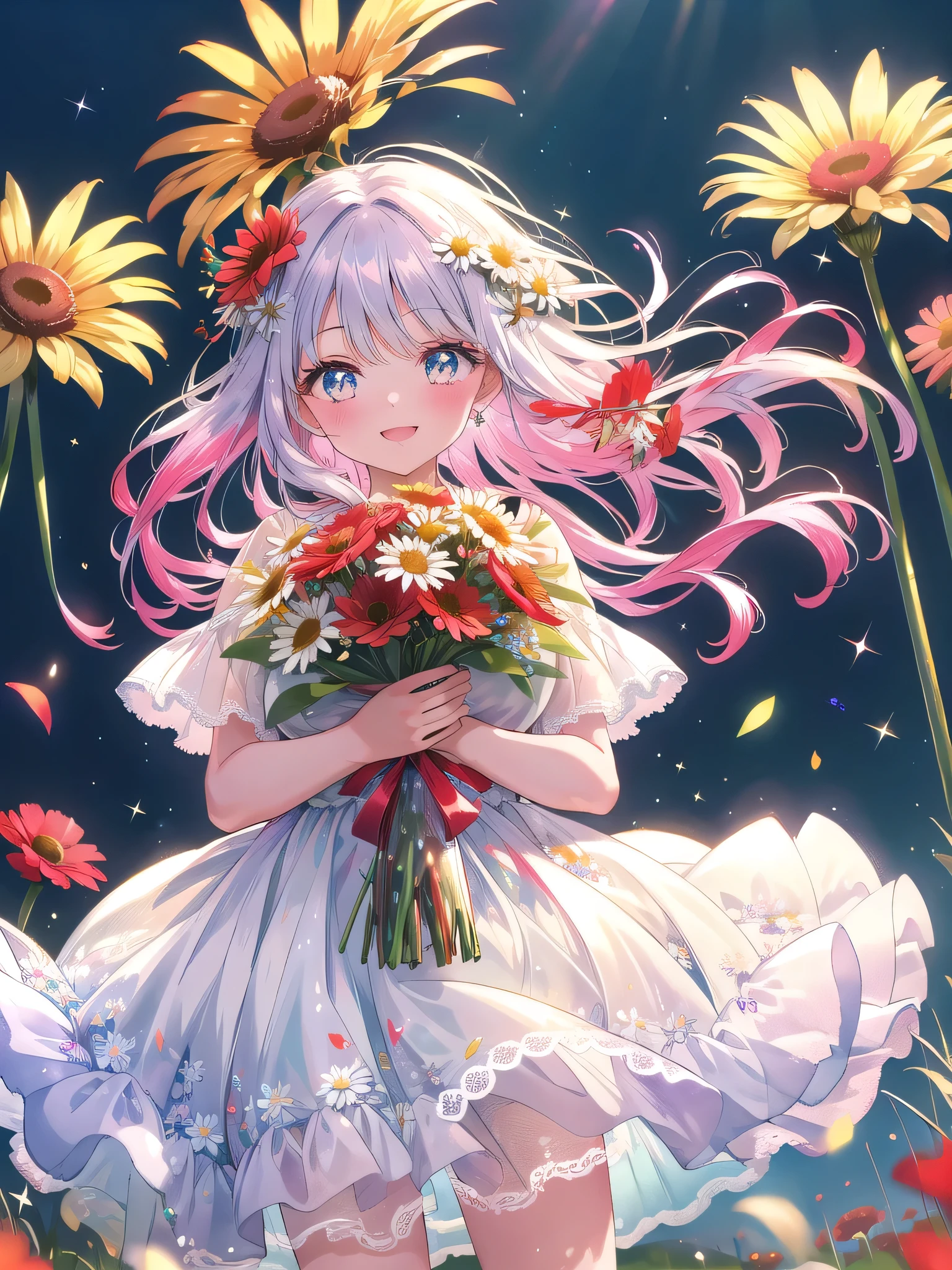 ((8k, Highest quality, masterpiece: 1.3)),Ultra-high resolution,(1 girl, alone), (Color changing eyes, Ultra-detailed, Expressive brilliance, Glitter, Glowing Eyes), Highly detailed eyes, Highly detailed face, Random Hair, ((pastel colour))Imagine a woman in a beautiful, sunlit field, surrounded by blooming wildflowers. She’s holding a bouquet of bright red poppies, soft white daisies, and sprigs of lavender, wrapped in clear cellophane with a vibrant red ribbon, creating a lively and natural appearance. The bouquet is abundant and colorful, capturing the essence of a joyful celebration in nature. She’s dressed in a light, breezy white sundress with delicate lace details, perfect for a summer day. Her long hair is flowing freely in the gentle breeze, adding to her carefree and joyful demeanor. She stands with her body angled slightly to the left, but her face is turned towards the camera, her smile wide and infectious, her eyes filled with warmth and excitement. She holds the bouquet forward with both hands, leaning in slightly, as if sharing her joy directly with the viewer. The background is a vibrant field with wildflowers and tall grass swaying gently, with soft sparkles enhancing the dreamlike, festive atmosphere of the scene.