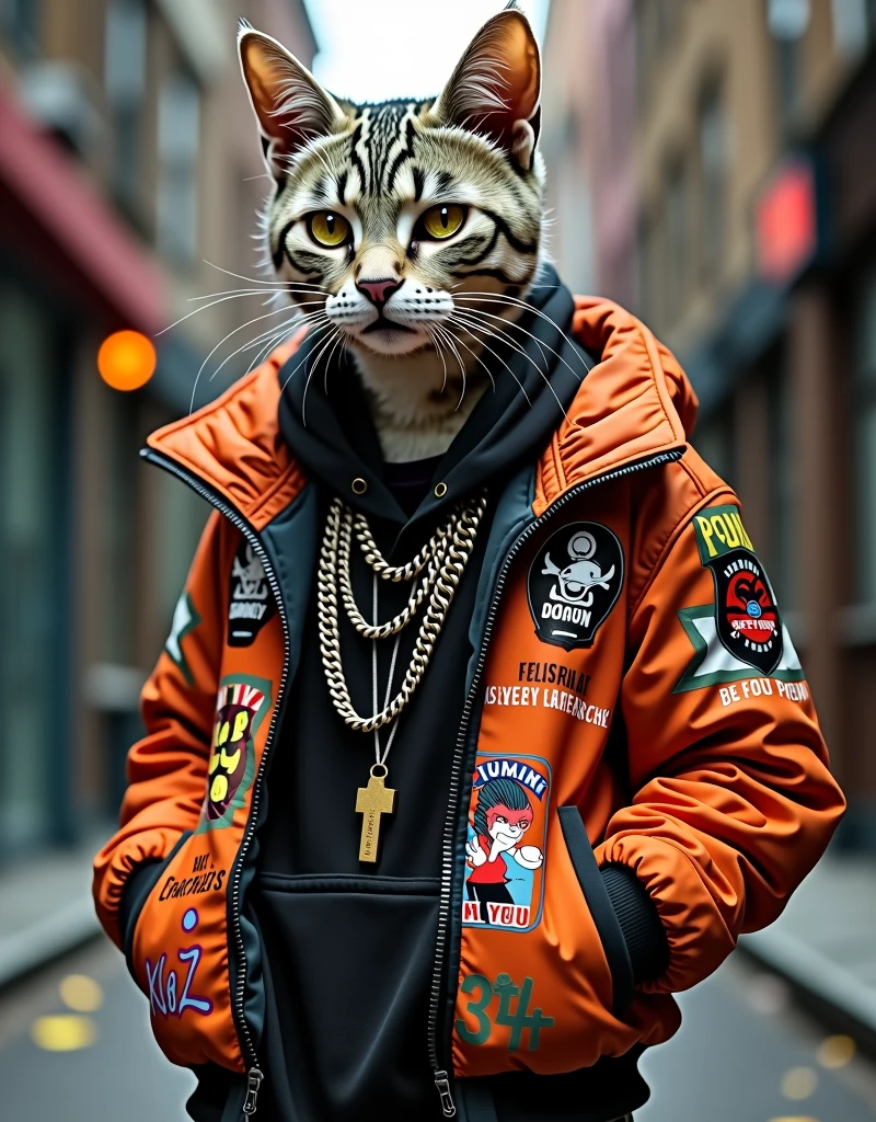 A cat wearing a hip hop jacket, silver chain on neck, hip hop, punk