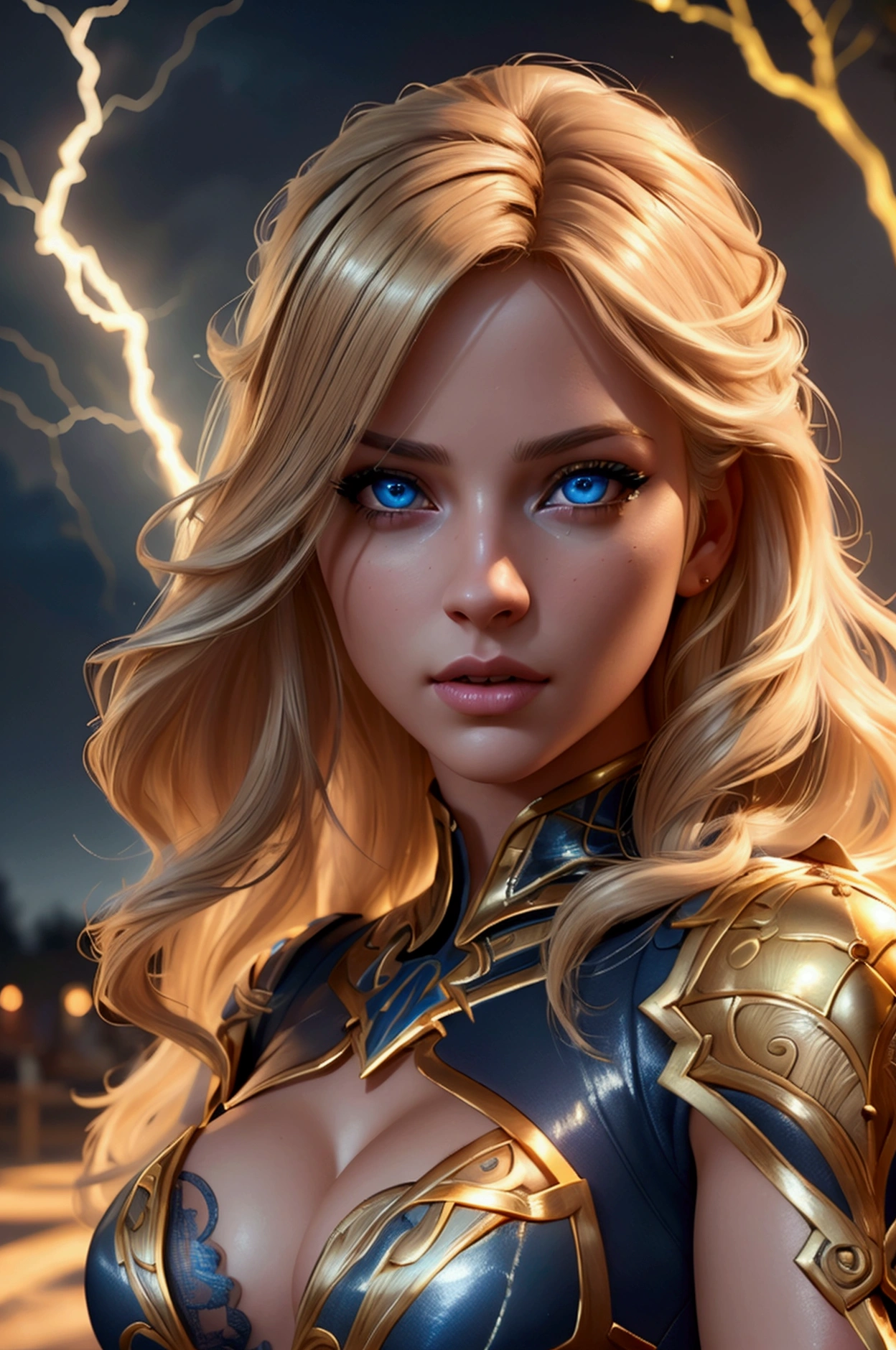 a beautiful girl with long blonde hair, beautiful detailed eyes, beautiful detailed lips, extremely detailed face,long eyelashes, blue eyes, lightning coming out hands, holding lightning in her hands blue and gold combat gloves, revealing clothing, seductive and sexy abd powerful pose, winking,and a thunderstorm is in the background (best quality,4k,8k,highres,masterpiece:1.2),ultra-detailed,(realistic,photorealistic,photo-realistic:1.37),concept art,digital painting,cinematic lighting,dramatic lighting,vibrant colors,fantasy,intricate details, lighting being held in her hands. Emphasis on her lighting powers