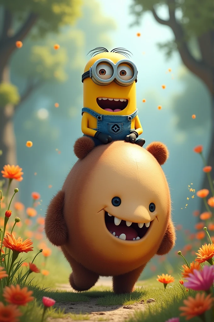 A minion riding an egg-faced bear