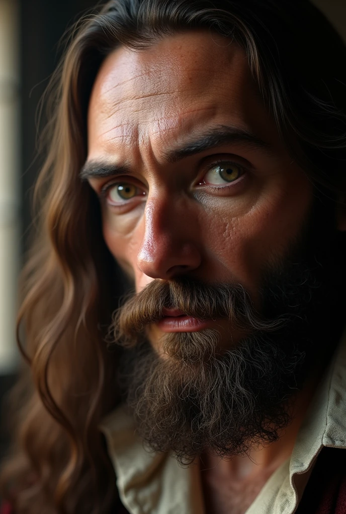 Leonardo Da Vinci looking straight ahead, true-to-life portrayal, movie scene