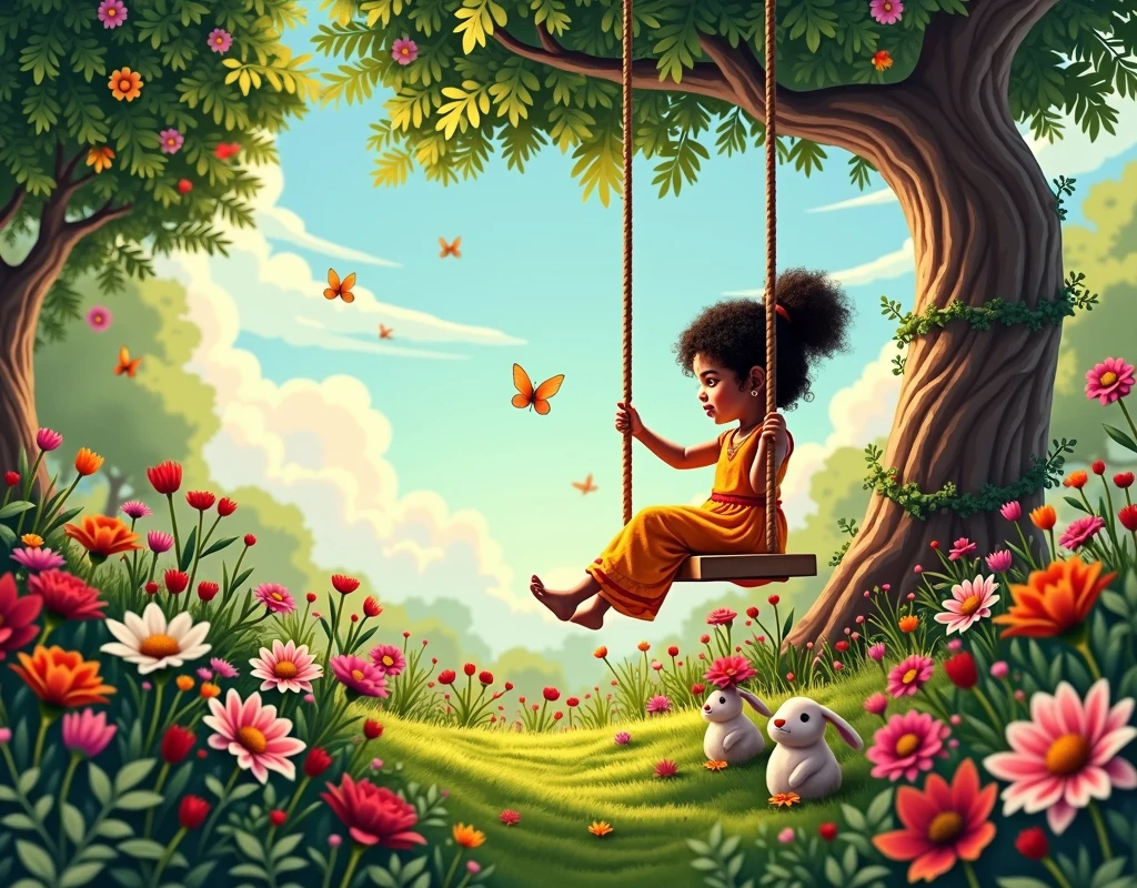 ARDIM FULL OF FLOWERS,MANY SMALL ANIMALS,A TREE WITH A SWING ,AN INDIAN CHILD WITH CURLY HAIR IN A DRESS ON A SWING IN THE BACKGROUND ,NAME VICTORY