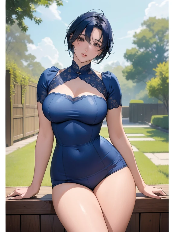 (Highest quality、4K、8k、High resolution、masterpiece: 1.2)、Very detailed、(Genuine、photoGenuineistic: 1.37)、Anime Style、high intensity lighting、wide々garden、Dark blue short hair、Rosy Cheeks、Hard, Round Hips、Curvy Hips、Thin lips、How to sit。