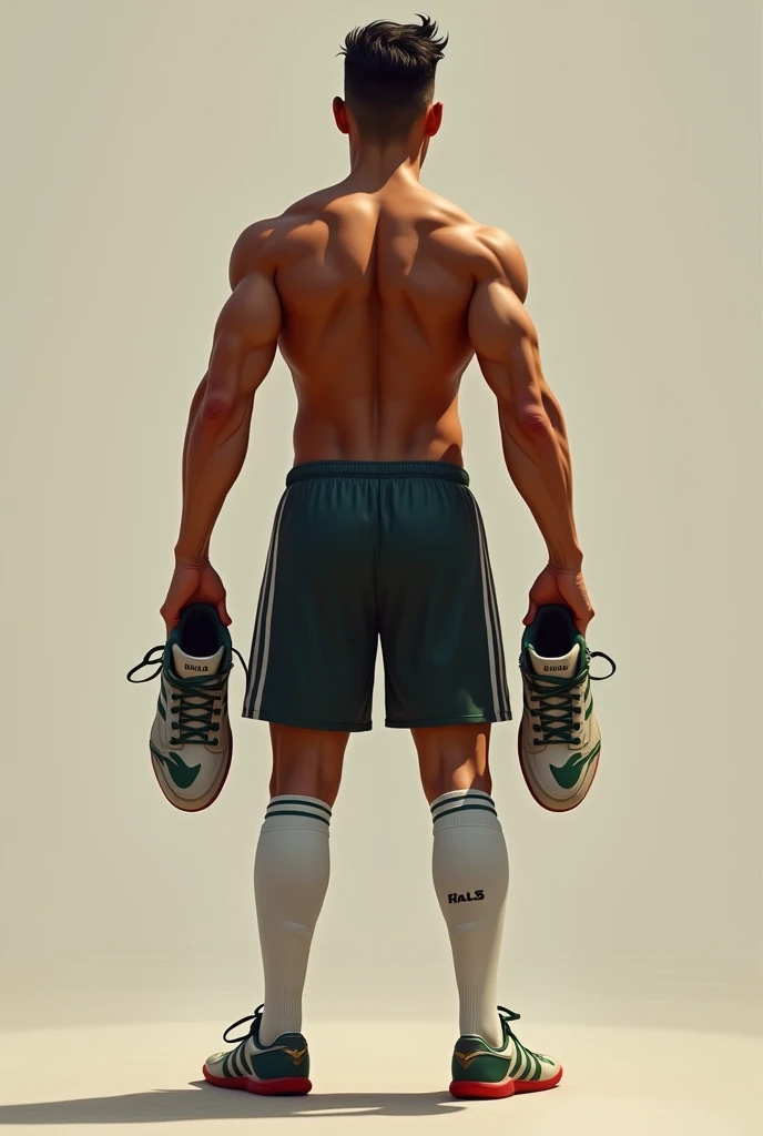 Imagine shirtless mexican soccer player holding his sneakers in hand. Back view