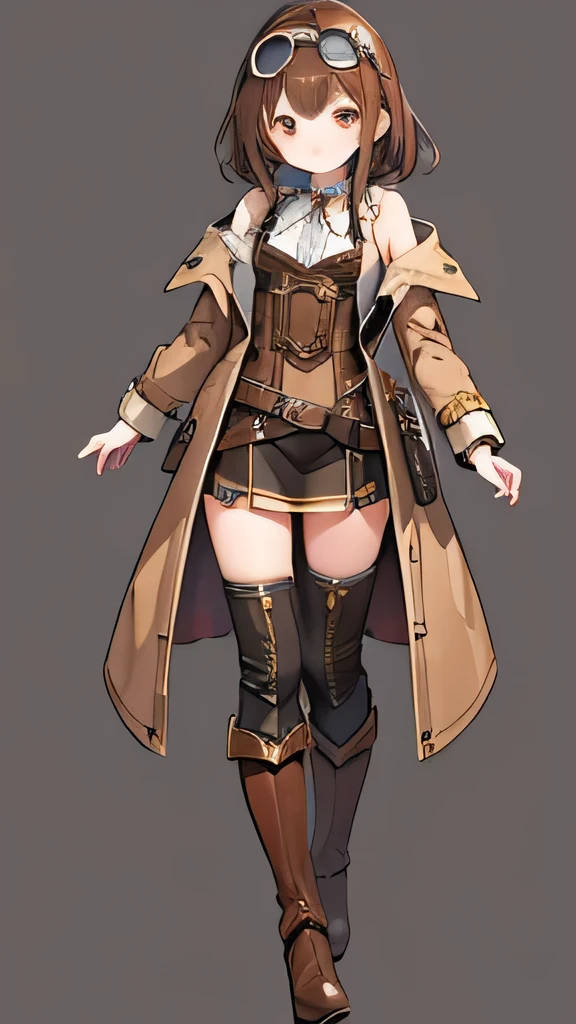 Highest quality、high resolution、One girl、Medium chest、Brown Hair、Steampunk attire、Mechanical Goggles、Brown knee-high boots、Industrial Background