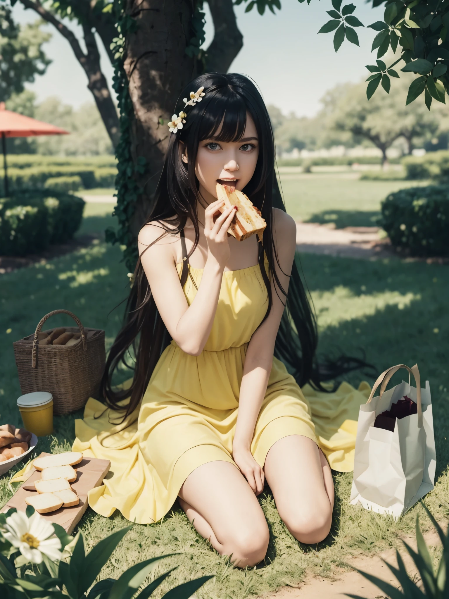 girl, sitting, under a tree, on grass ground, eating and holding a bread sandwhiches close to her mouth, looking at viewer, open mouth, dappled sunlight, long flowing black hair, flower styled yellow dress, a paper bag full of bread besides her,