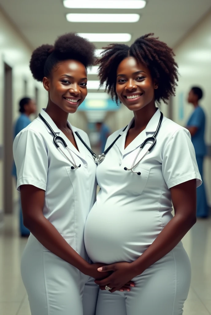 Generate an image of a black beautiful nurse and a black beautiful pregnant working at the hospital
