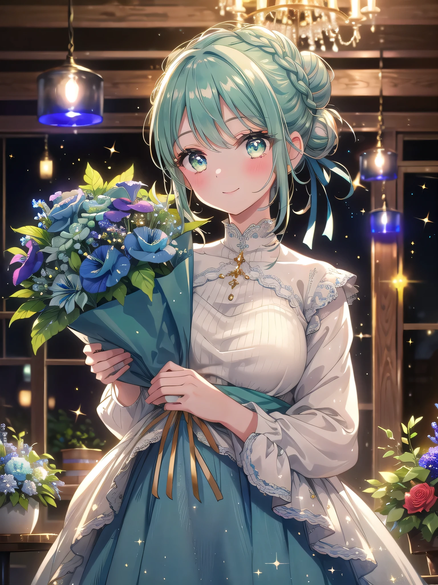 ((8k, Highest quality, masterpiece: 1.3)),Ultra-high resolution,(1 girl, alone), (Color changing eyes, Ultra-detailed, Expressive brilliance, Glitter, Glowing Eyes), Highly detailed eyes, Highly detailed face, Random Hair, ((pastel colour))Picture a woman in a cozy, rustic café with warm lighting and wooden accents. She’s holding a lush bouquet of coral peonies, deep blue delphiniums, and soft green ivy, wrapped in elegant cream-colored paper with a gold ribbon. The bouquet is large and full, creating a vibrant and elegant presentation that stands out against the cozy café setting. She’s dressed in a simple yet chic cream sweater tucked into high-waisted, dark blue jeans, giving her a comfortable and stylish appearance. Her hair is styled in a messy bun with a few tendrils softly framing her face. She stands facing the camera, her smile broad and genuine, her eyes filled with joy and warmth. She extends the bouquet forward with both hands, her posture open and inviting, conveying her happiness and the pleasure of giving. The background includes wooden tables, a few potted plants, and soft, warm lighting, with delicate sparkles adding a festive and cozy touch to the intimate and cheerful scene.