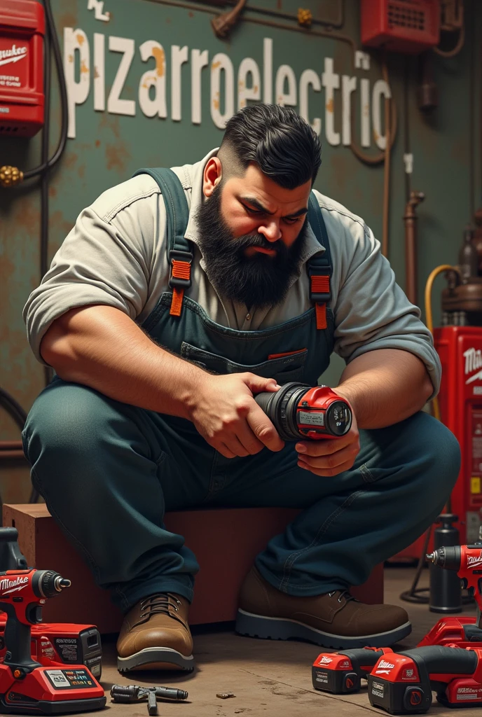 Imagine An electrician man working ,Dark brown with short black beard, and short black hair, A little chubby with Milwaukee tools around and the word PizarroElectric in the background