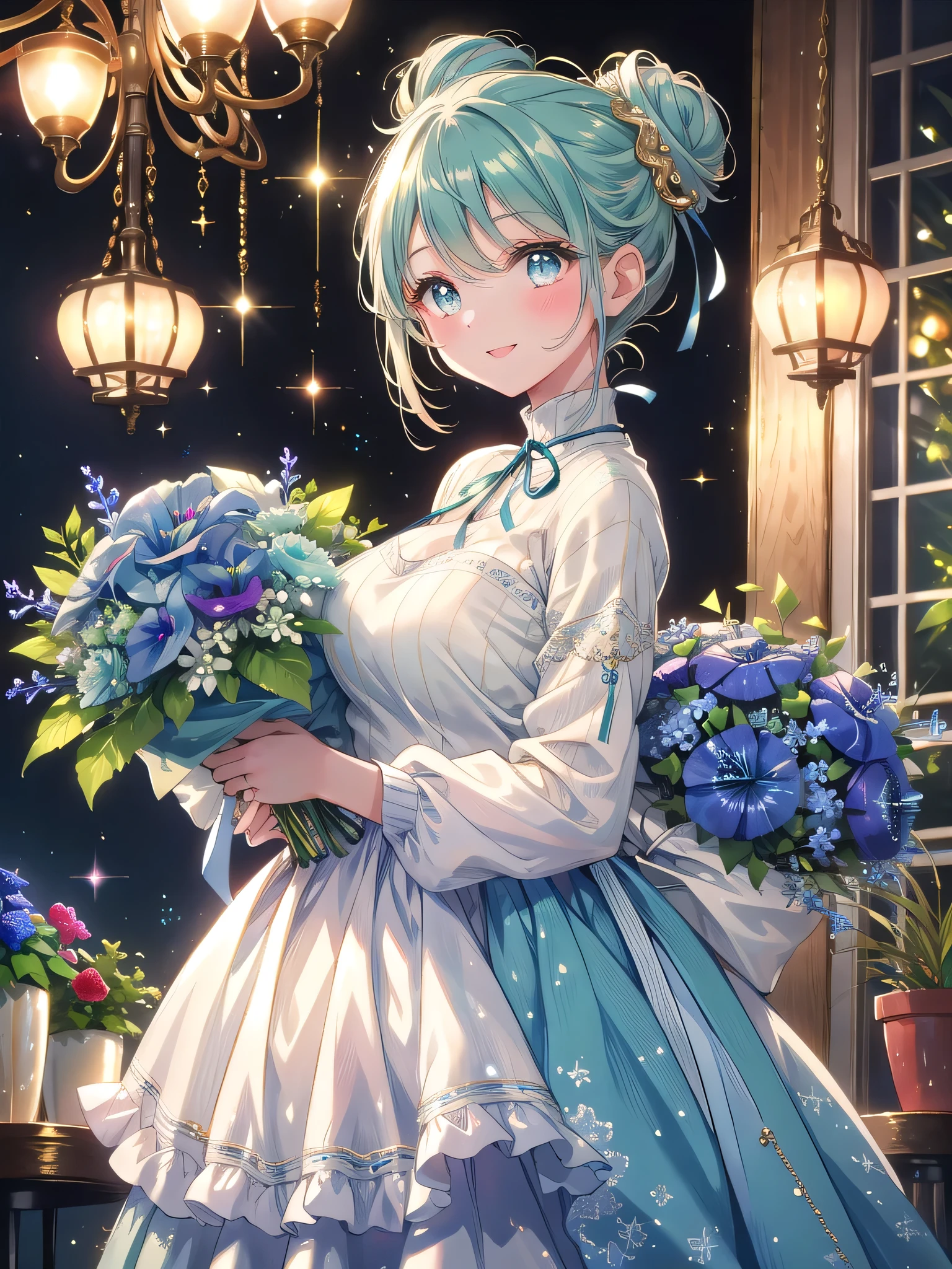 ((8k, Highest quality, masterpiece: 1.3)),Ultra-high resolution,(1 girl, alone), (Color changing eyes, Ultra-detailed, Expressive brilliance, Glitter, Glowing Eyes), Highly detailed eyes, Highly detailed face, Random Hair, ((pastel colour))Picture a woman in a cozy, rustic café with warm lighting and wooden accents. She’s holding a lush bouquet of coral peonies, deep blue delphiniums, and soft green ivy, wrapped in elegant cream-colored paper with a gold ribbon. The bouquet is large and full, creating a vibrant and elegant presentation that stands out against the cozy café setting. She’s dressed in a simple yet chic cream sweater tucked into high-waisted, dark blue jeans, giving her a comfortable and stylish appearance. Her hair is styled in a messy bun with a few tendrils softly framing her face. She stands facing the camera, her smile broad and genuine, her eyes filled with joy and warmth. She extends the bouquet forward with both hands, her posture open and inviting, conveying her happiness and the pleasure of giving. The background includes wooden tables, a few potted plants, and soft, warm lighting, with delicate sparkles adding a festive and cozy touch to the intimate and cheerful scene.