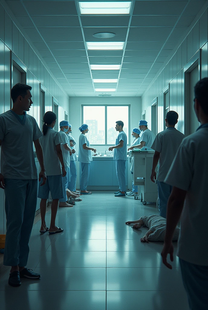 a clean, bright hospital contrasted with a dark, dirty environment filled with sick people